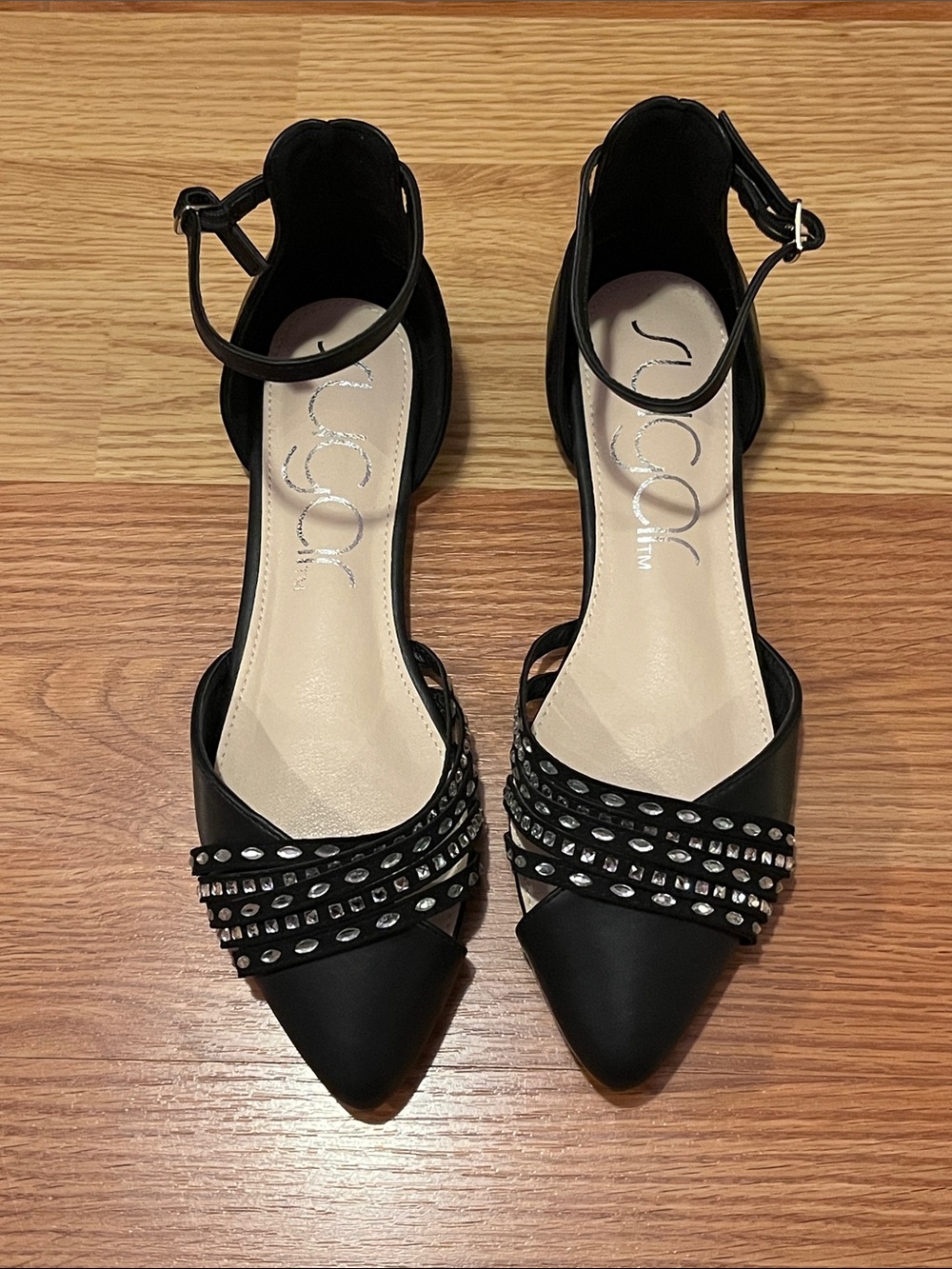 Black Pointed-Toe Ankle-Strap Flats with Stud Detail